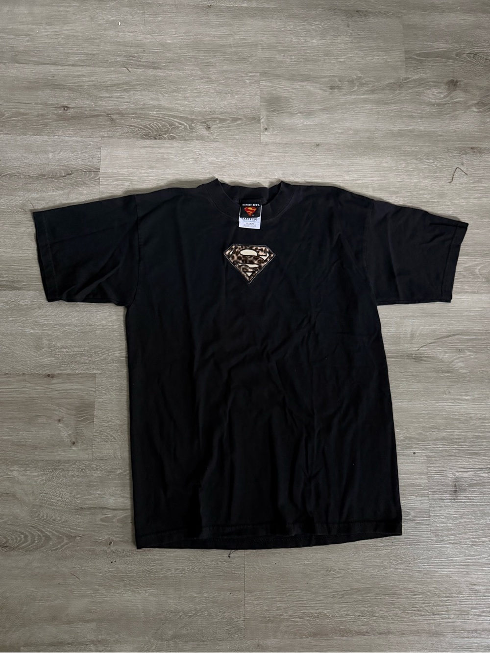 Y2K Warner Bros. Superman Black Cotton T-Shirt with Leopard Print Logo